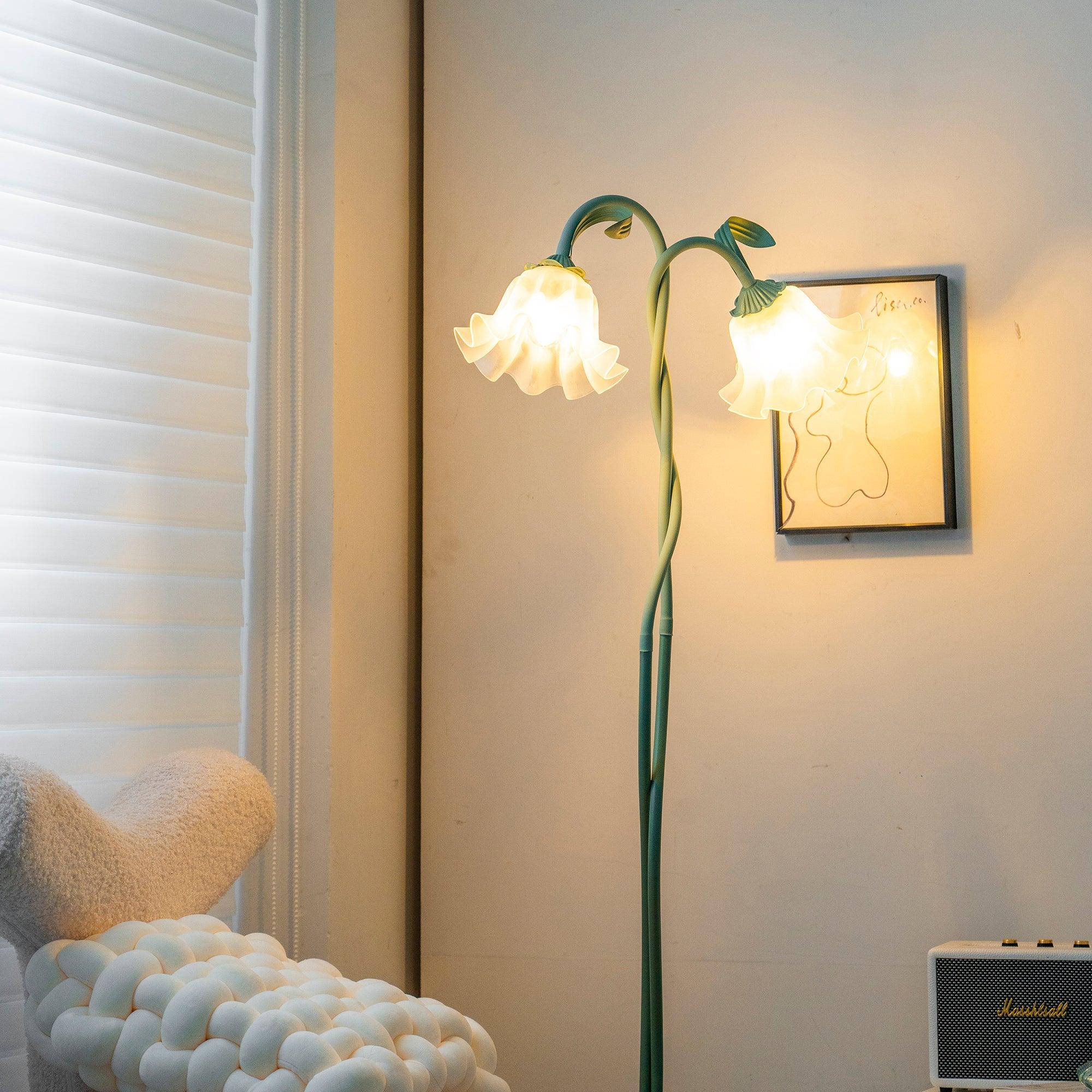Elegante Vloerlamp met Witte Bloemen en Groene Afwerking – Staande Lamp voor Woonkamer en Slaapkamer 2
