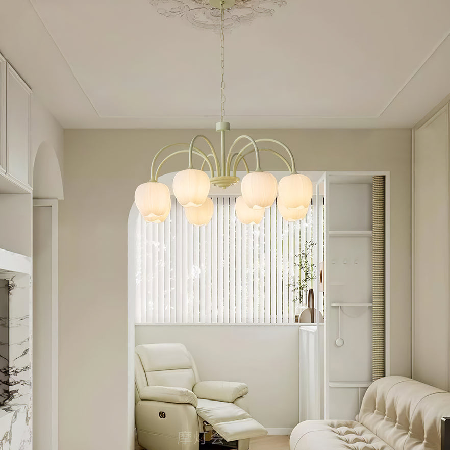 Moderne Kroonluchter met Witte Glazen Lampenkap – Stijlvol Design voor Binnenverlichting 6
