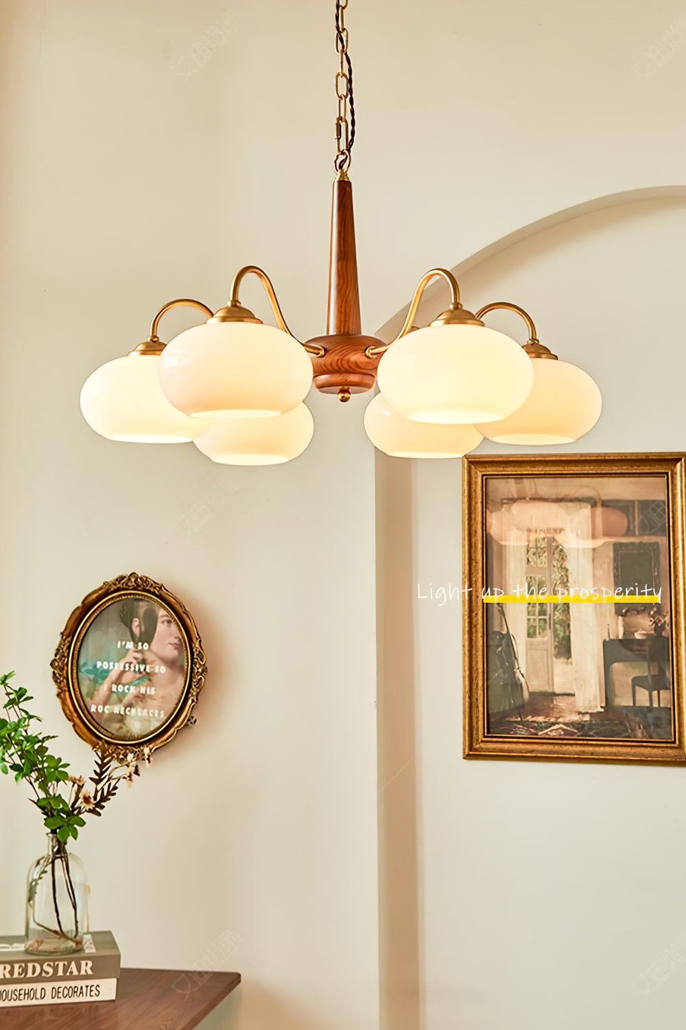 Moderne Kroonluchter van Walnoot en Glas met 4 of 6 Lichten - Stijlvolle Verlichting voor Binnen 2