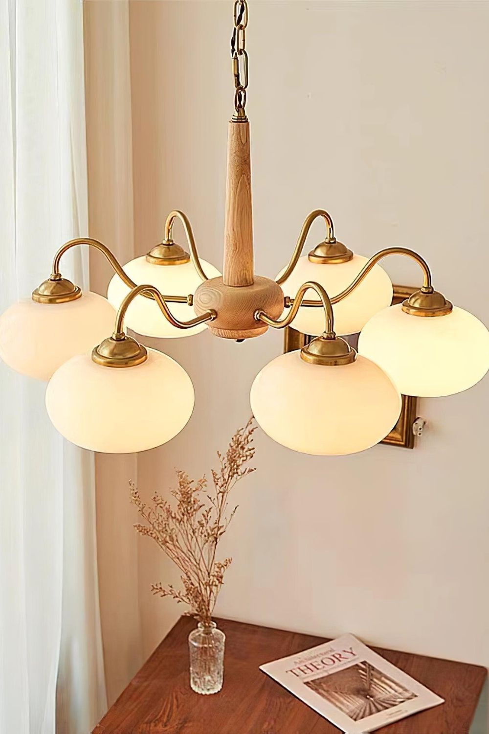 Moderne Kroonluchter van Walnoot en Glas met 4 of 6 Lichten - Stijlvolle Verlichting voor Binnen 3