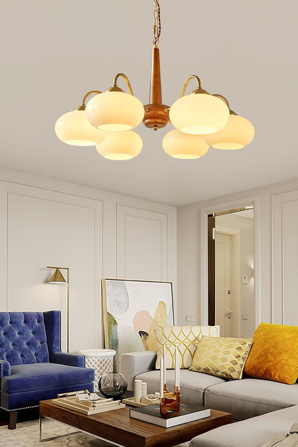 Moderne Kroonluchter van Walnoot en Glas met 4 of 6 Lichten - Stijlvolle Verlichting voor Binnen 4