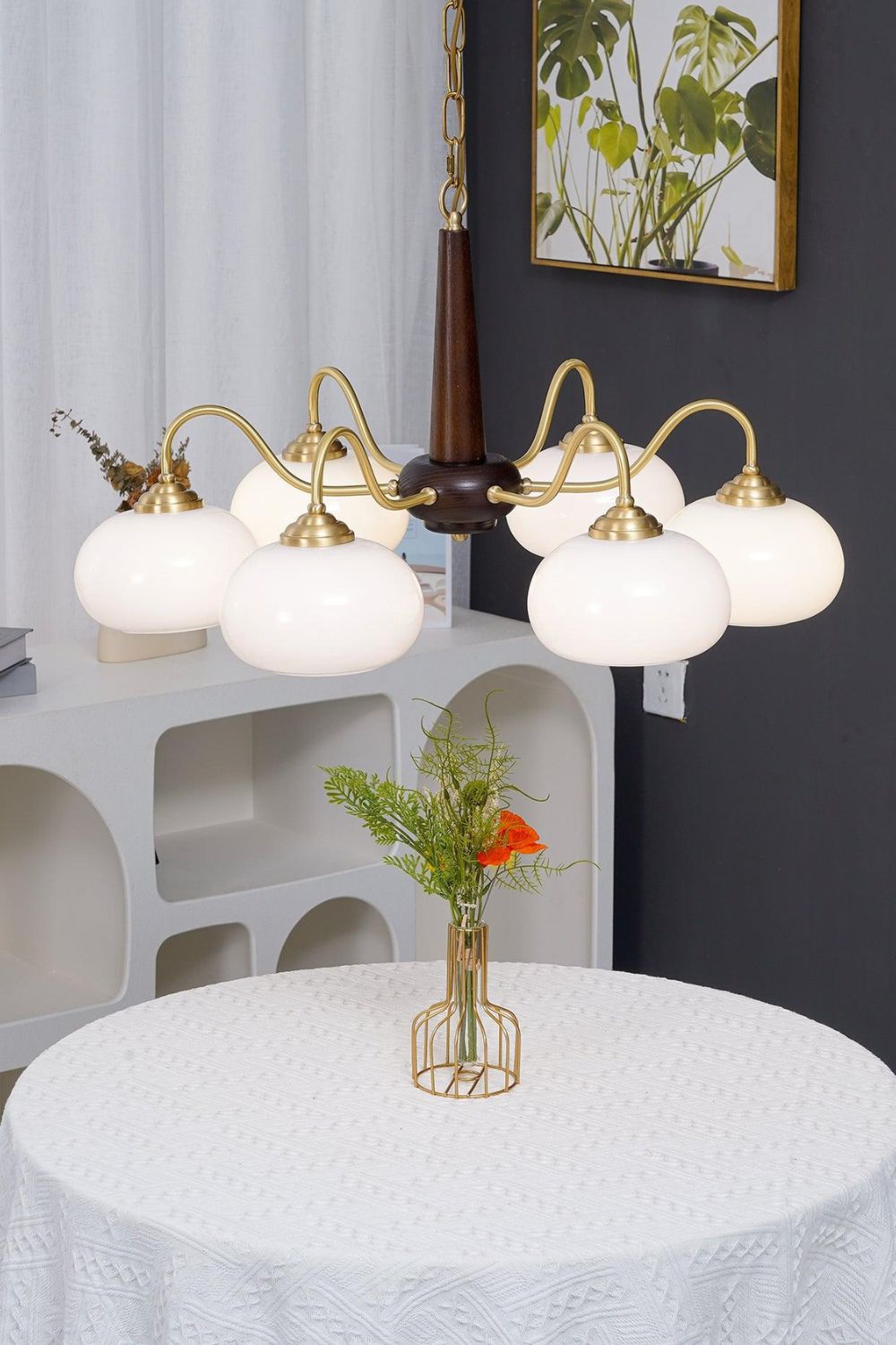 Moderne Kroonluchter van Walnoot en Glas met 4 of 6 Lichten - Stijlvolle Verlichting voor Binnen 7