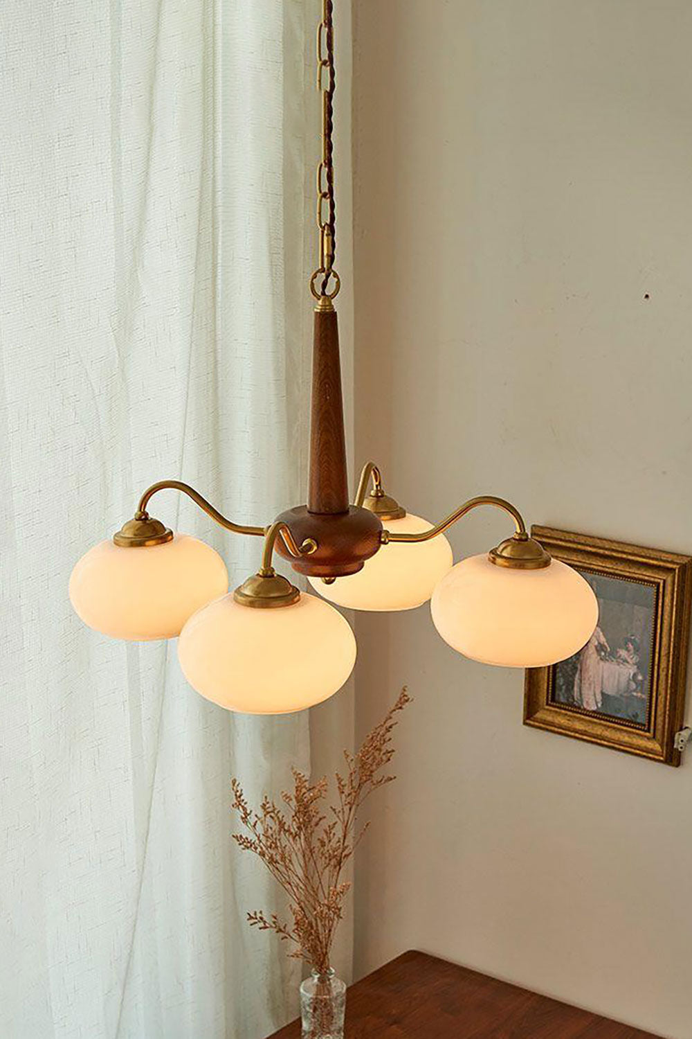 Moderne Kroonluchter van Walnoot en Glas met 4 of 6 Lichten - Stijlvolle Verlichting voor Binnen 9
