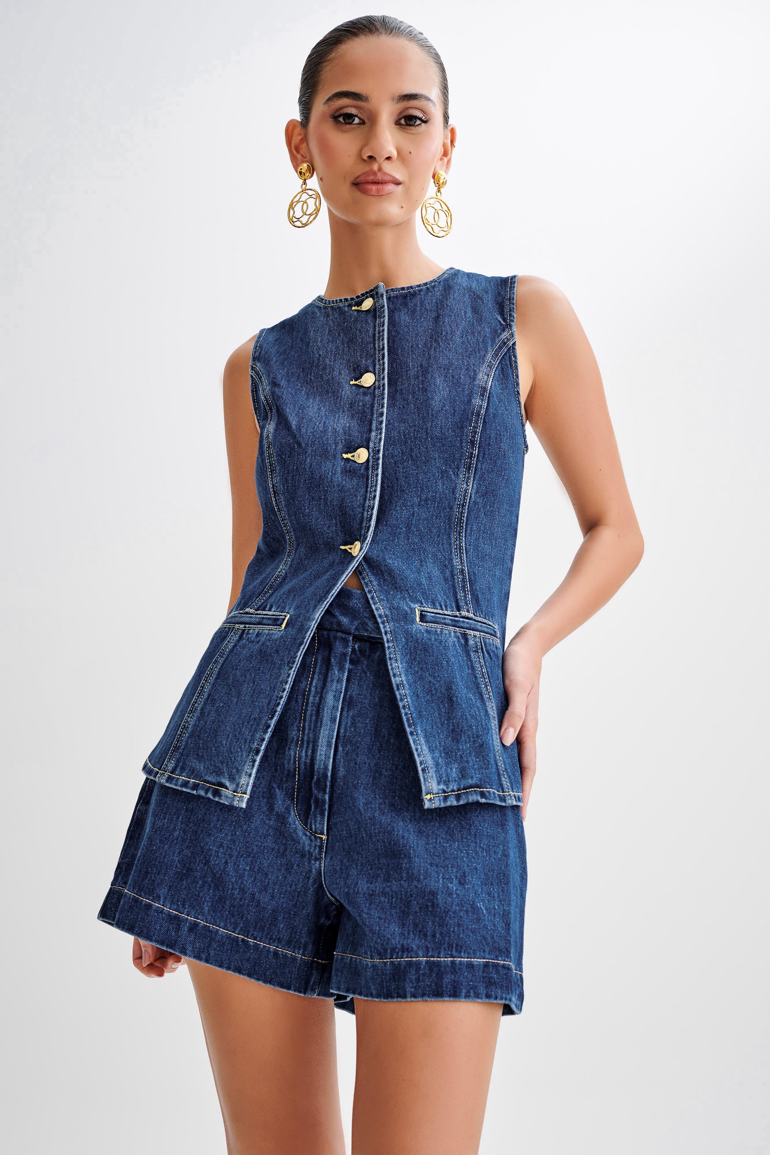 Dames Spijker Set met Gilet en Korte Broek Blauw Auralie