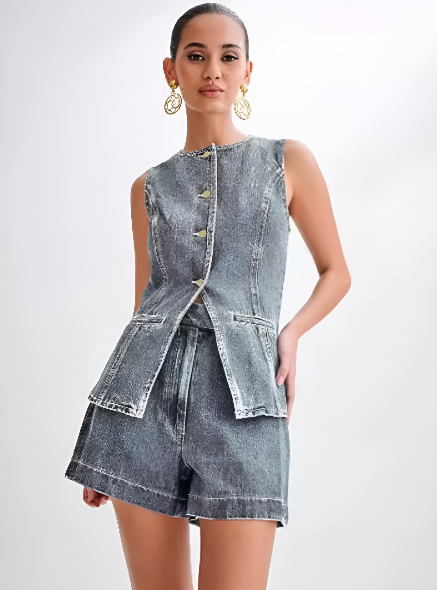 Dames Spijker Set met Gilet en Korte Broek Grijs Auralie