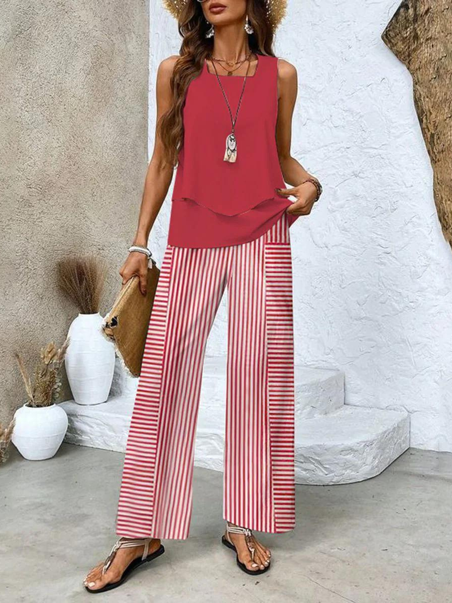 Dames Co-ord Set met Luchtige Top en Wijde Broek Rood Auralie