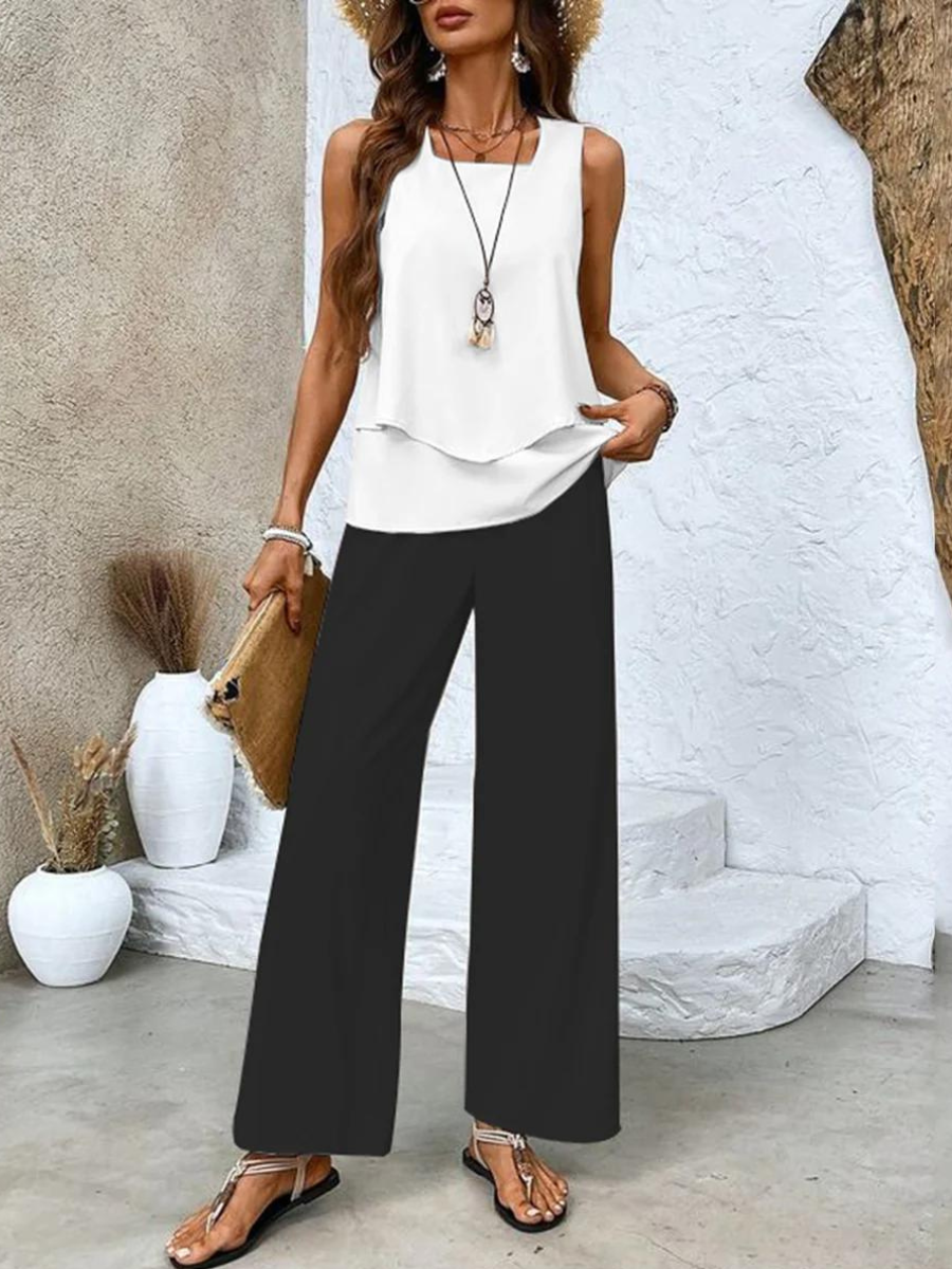 Dames Co-ord Set met Luchtige Top en Wijde Broek Zwart Auralie