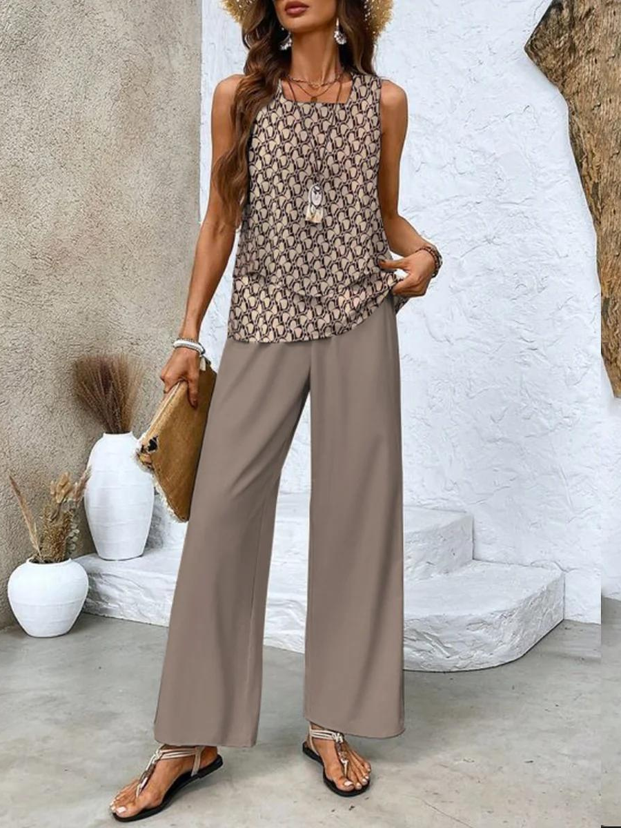 Dames Co-ord Set met Luchtige Top en Wijde Broek Bruin Auralie