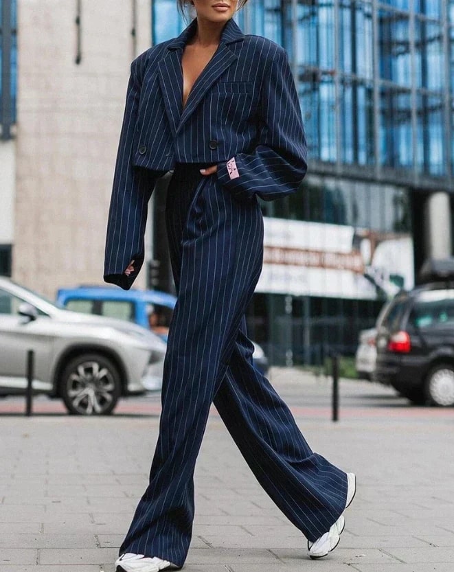 Dames Blazer en Broek Set met Gestreept Design Marineblauw Auralie