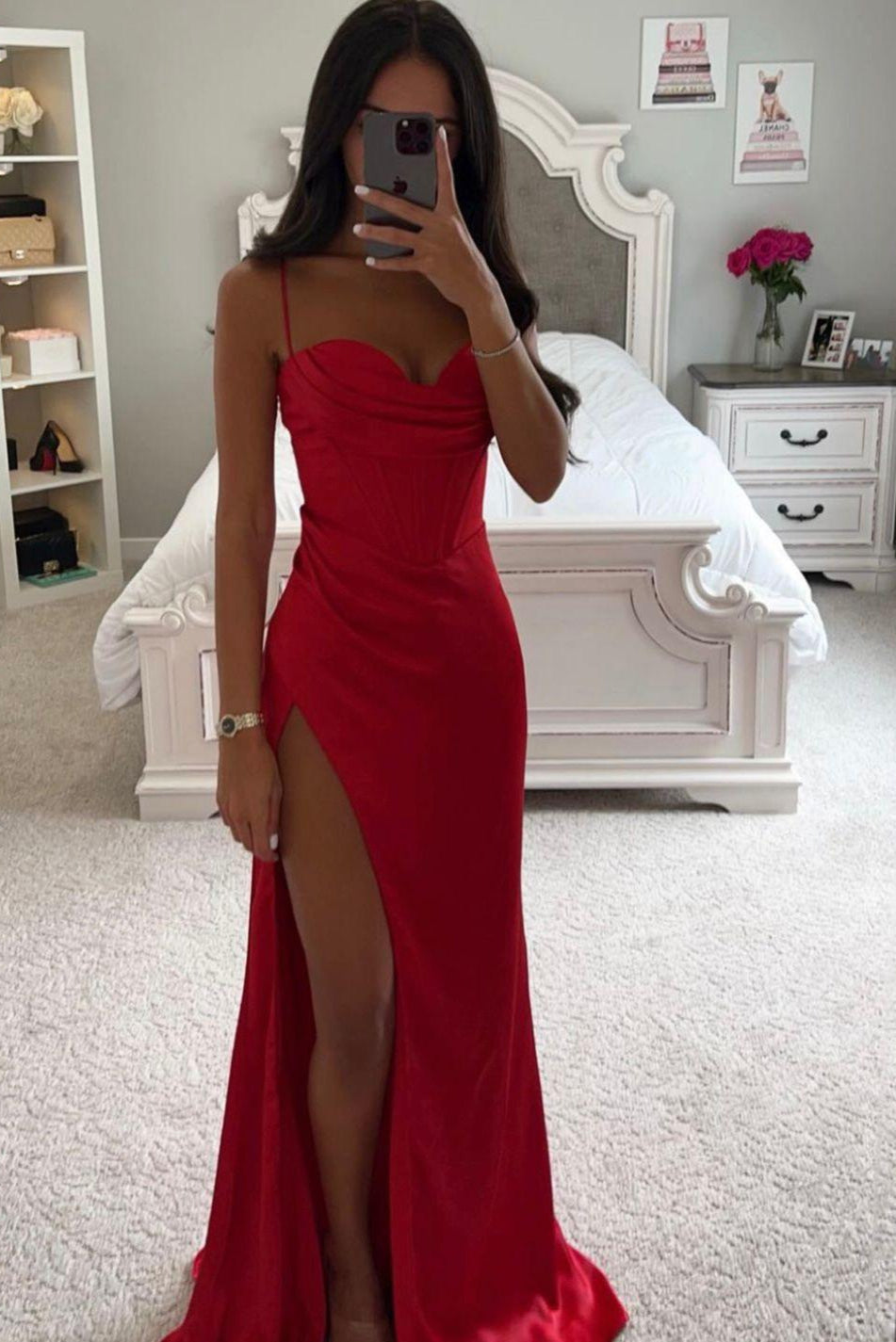 Dames Avondjurk met Sweetheart-halslijn en Hoge Split Rood Auralie