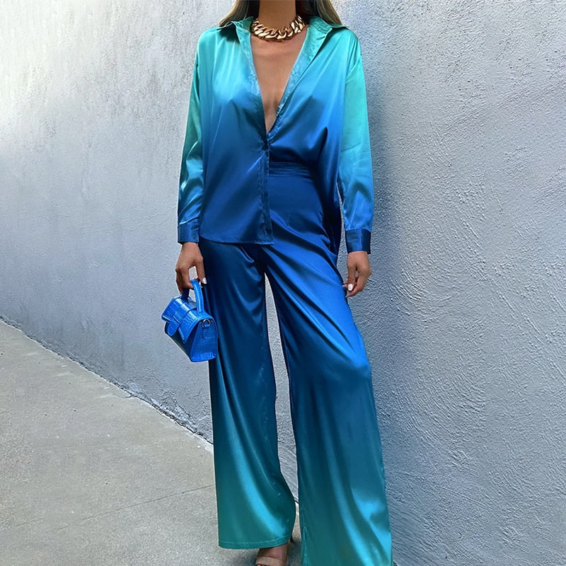 Dames Co-ord Set met Pofmouwen en Rechte Broek Blauw Lichtblauw Auralie