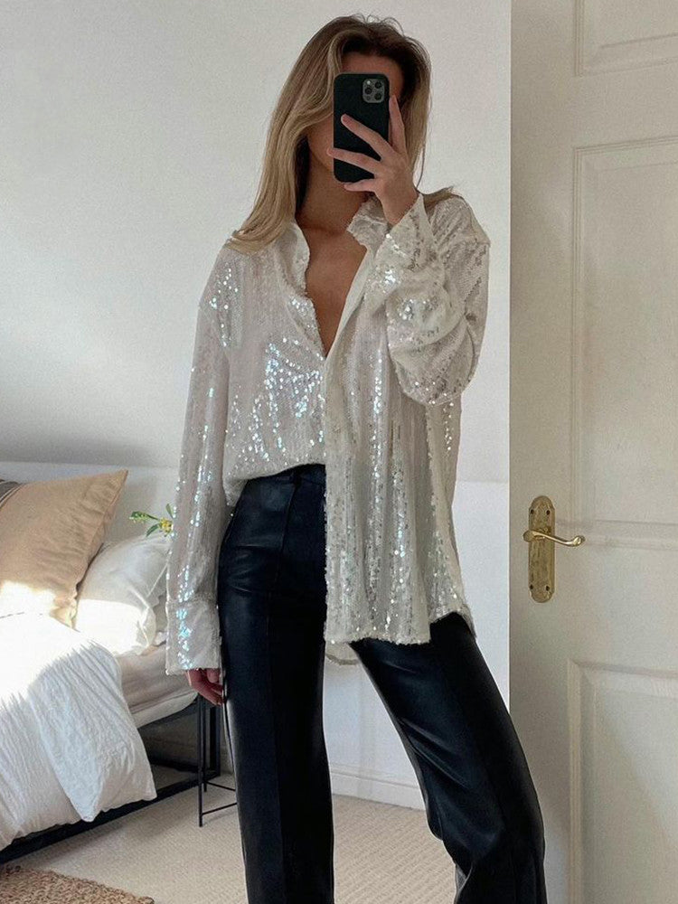 Dames Blouse met Glitterdetails in Oversized Pasvorm Wit Auralie