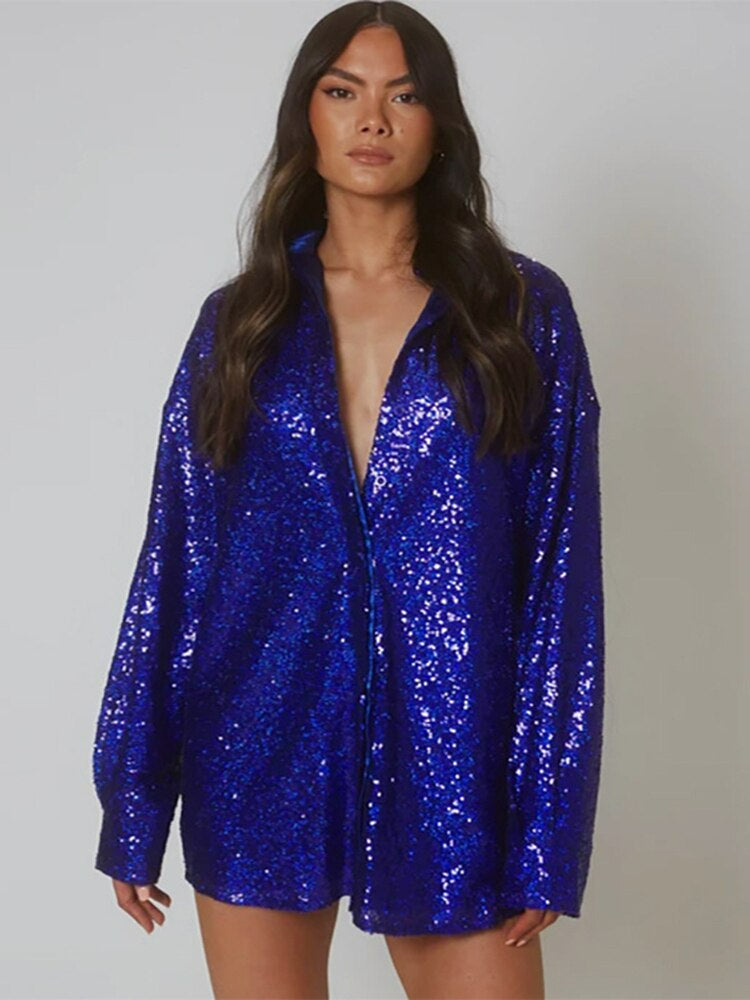 Dames Blouse met Glitterdetails in Oversized Pasvorm Blauw Auralie