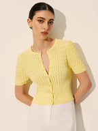 Dames Korte Mouwen Blouse met Knopen en Gebreide Structuur Lichtgeel Auralie