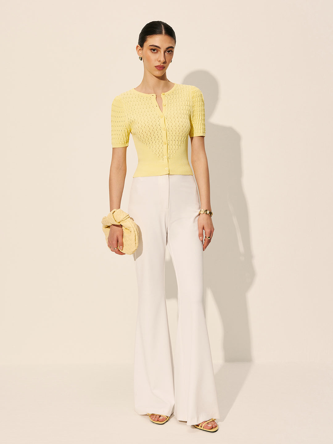 Dames Korte Mouwen Blouse met Knopen en Gebreide Structuur Auralie