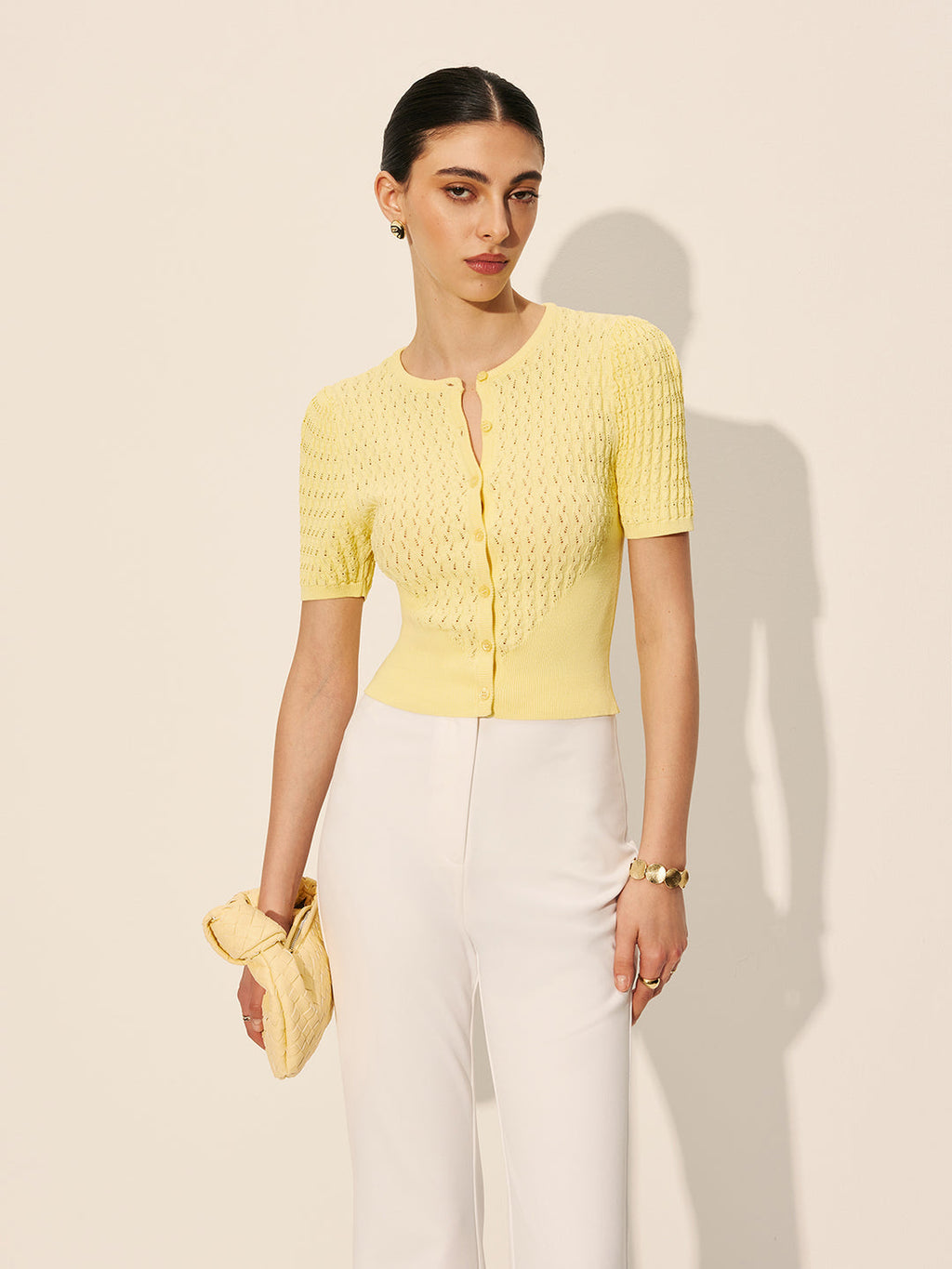 Dames Korte Mouwen Blouse met Knopen en Gebreide Structuur Auralie