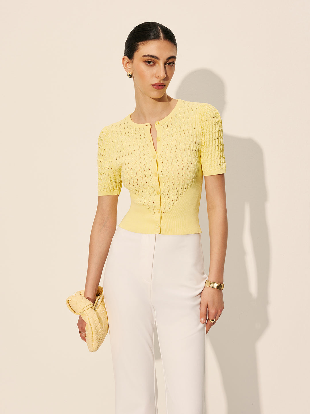 Dames Korte Mouwen Blouse met Knopen en Gebreide Structuur Auralie