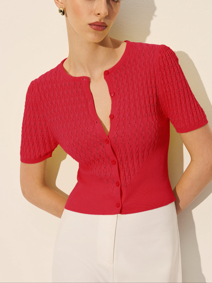 Dames Korte Mouwen Blouse met Knopen en Gebreide Structuur Rood Auralie