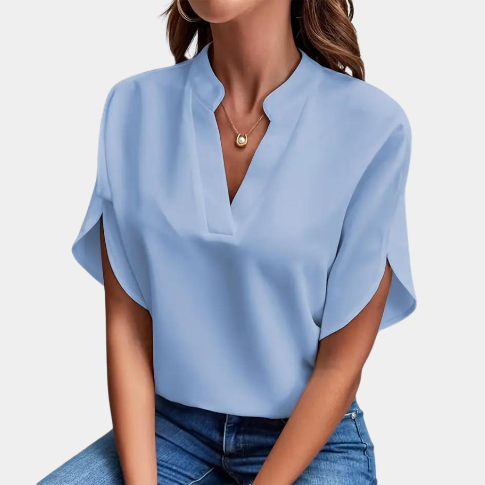 Dames Blouse met Korte Mouwen en V-hals voor Zomer lichtblauw Auralie