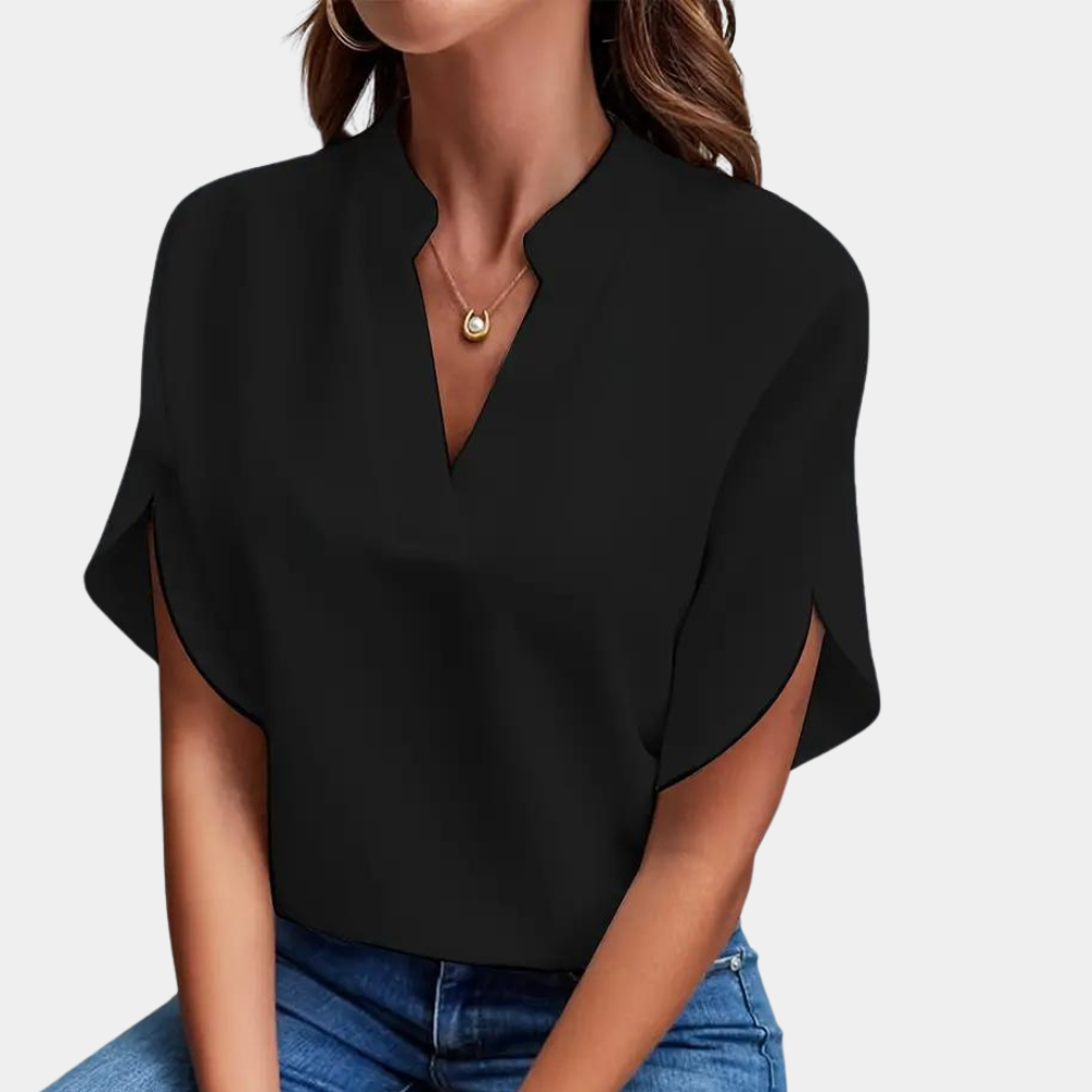 Dames Blouse met Korte Mouwen en V-hals voor Zomer Zwart Auralie