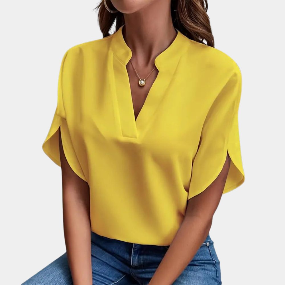 Dames Blouse met Korte Mouwen en V-hals voor Zomer Geel Auralie