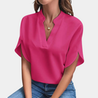 Dames Blouse met Korte Mouwen en V-hals voor Zomer Roze Auralie