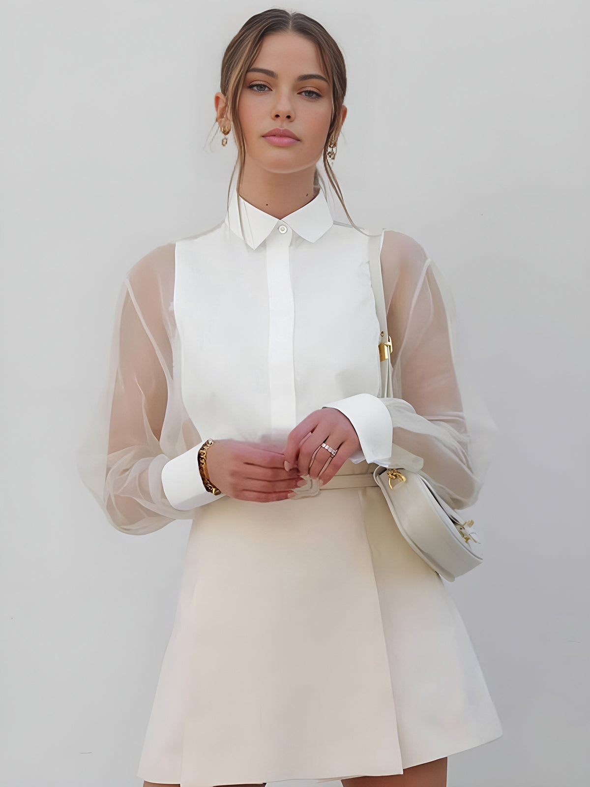 Dames Organza Blouse met Lange Mouwen Wit Wit Auralie