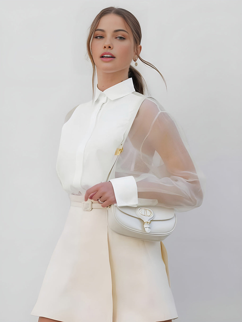Dames Organza Blouse met Lange Mouwen Wit Auralie
