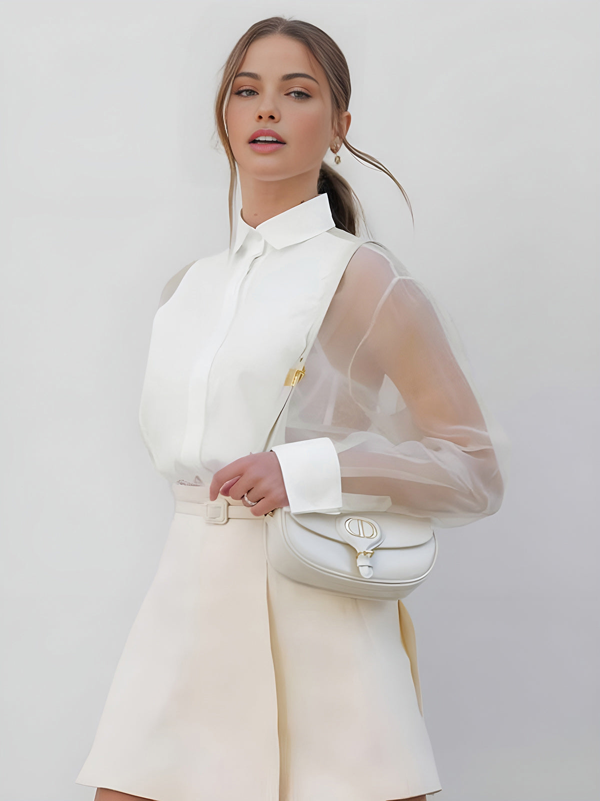 Dames Organza Blouse met Lange Mouwen Wit Auralie