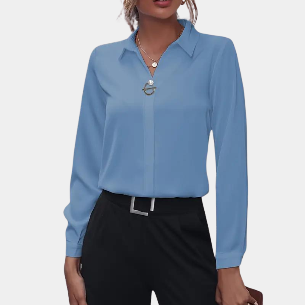 Dames Blouse met Omgeslagen Kraag en Lange Mouwen Hemelsblauw Auralie