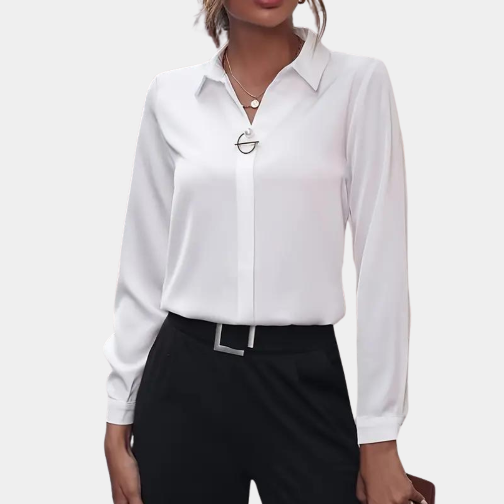 Dames Blouse met Omgeslagen Kraag en Lange Mouwen Wit Auralie