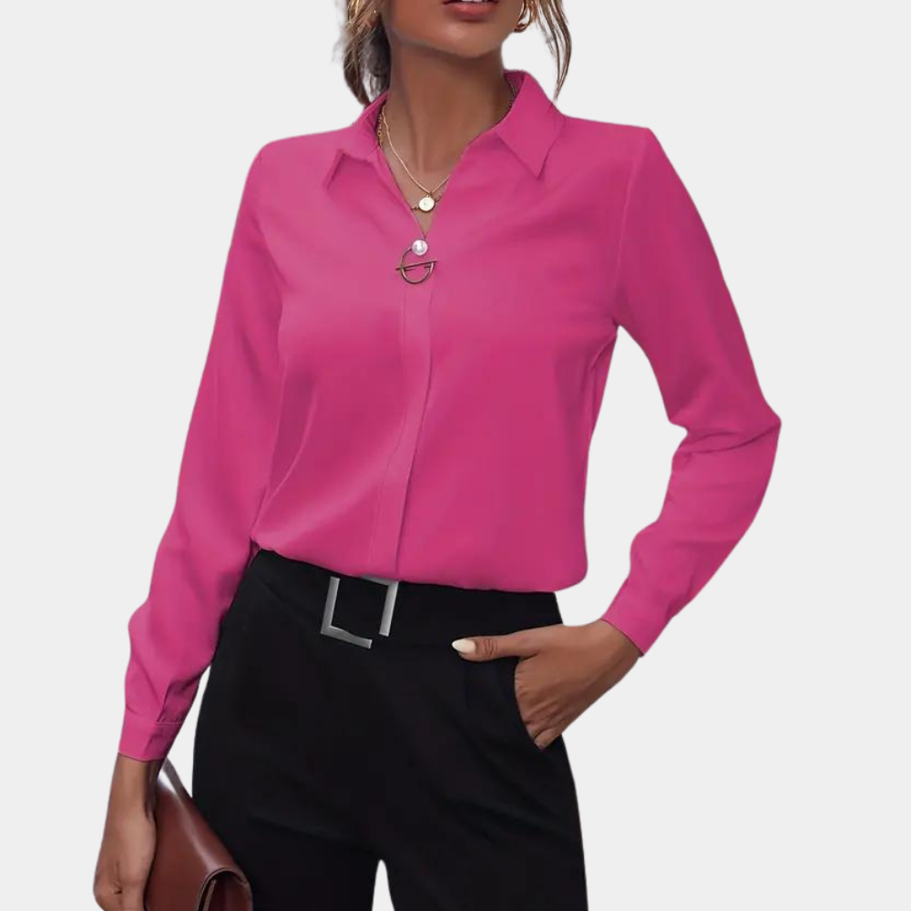 Dames Blouse met Omgeslagen Kraag en Lange Mouwen Donkerroze Auralie