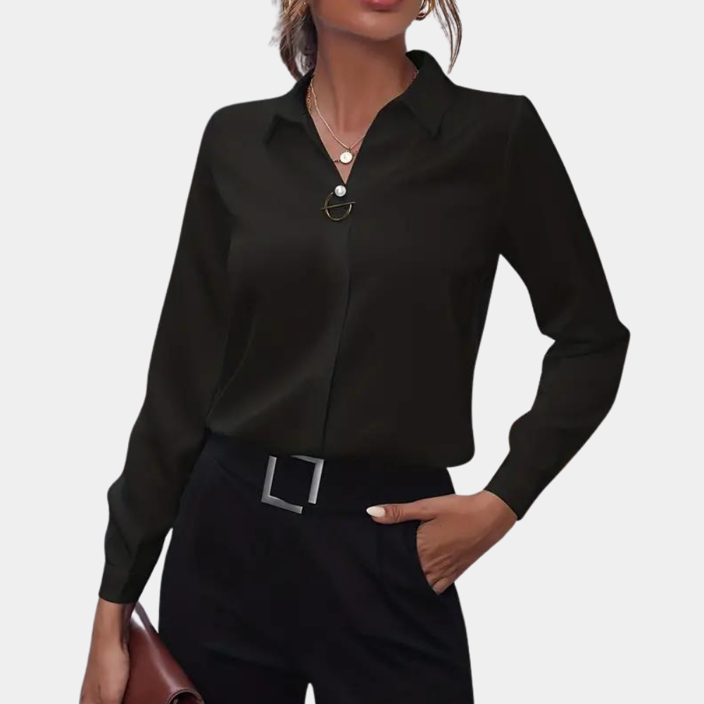 Dames Blouse met Omgeslagen Kraag en Lange Mouwen Zwart Auralie