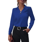 Dames Blouse met Omgeslagen Kraag en Lange Mouwen Donkerblauw Auralie