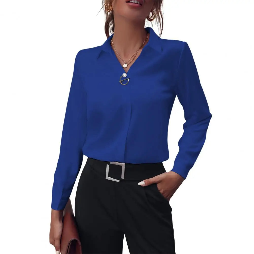 Dames Blouse met Omgeslagen Kraag en Lange Mouwen Donkerblauw Auralie