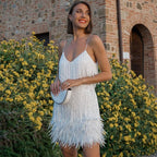 Dames Cocktailjurk met Spaghettibandjes en Franjes Wit Auralie