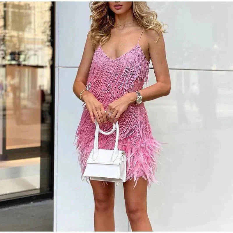 Dames Cocktailjurk met Spaghettibandjes en Franjes Roze Auralie