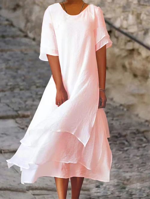 Dames Zomerjurk met Mouwen Dubbel Laags Roze Auralie