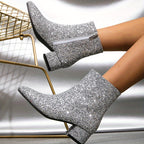 Dames Enkellaarsjes met Glitterafwerking en Hak Ritssluiting Zilver Auralie