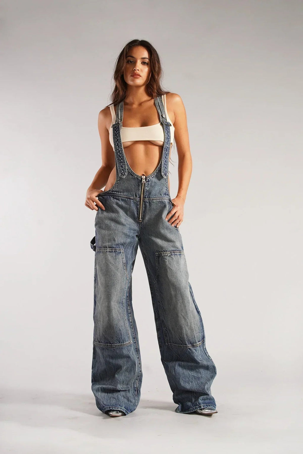 Dames Jumpsuit Mouwloos van Denim met Wijde Pijpen Cowboystijl Donkerblauw Auralie