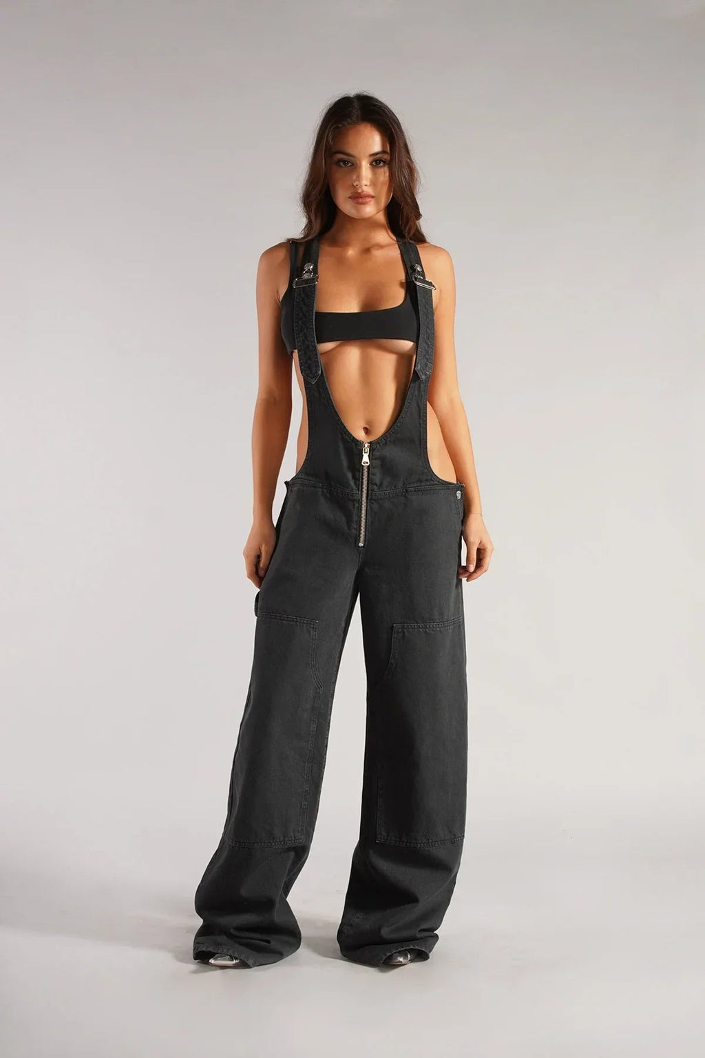 Dames Jumpsuit Mouwloos van Denim met Wijde Pijpen Cowboystijl Zwart Auralie