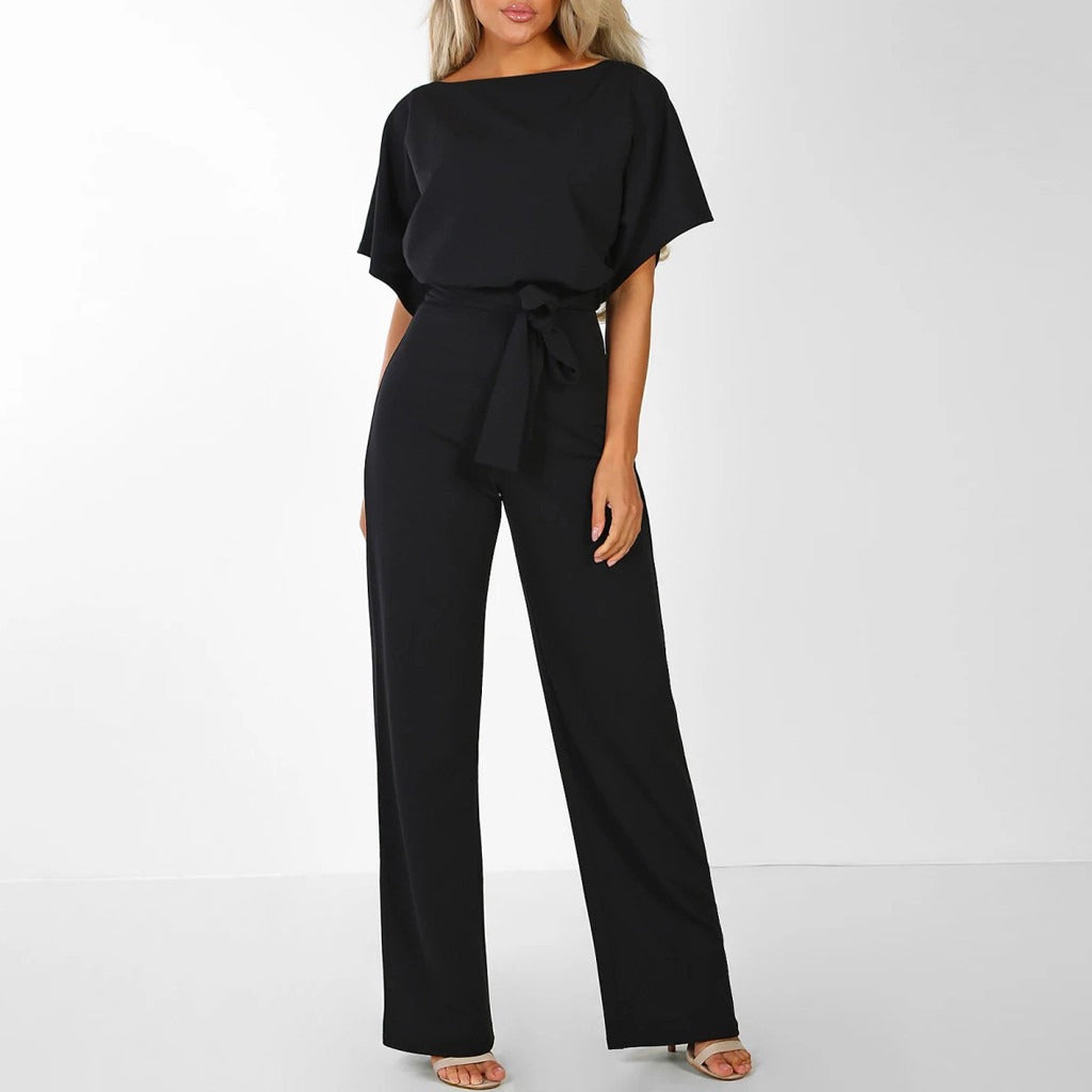Dames Jumpsuit met Tailleriem en Wijde Pijpen Zwart Auralie