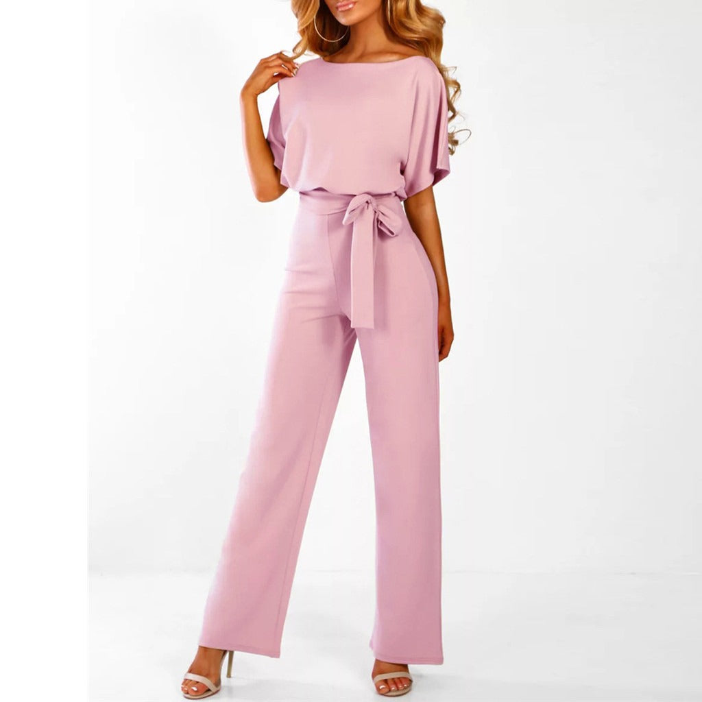Dames Jumpsuit met Tailleriem en Wijde Pijpen Roze Auralie