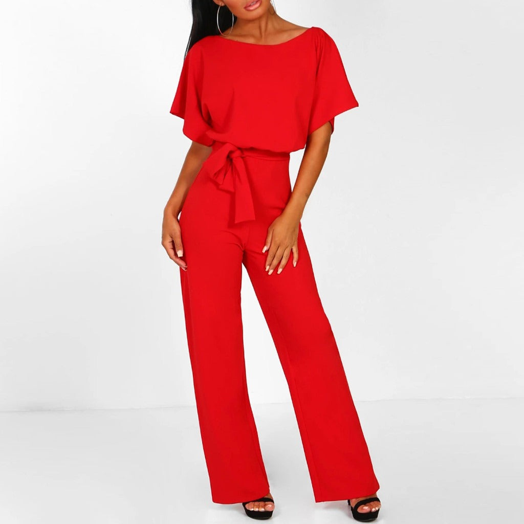 Dames Jumpsuit met Tailleriem en Wijde Pijpen Rood Auralie