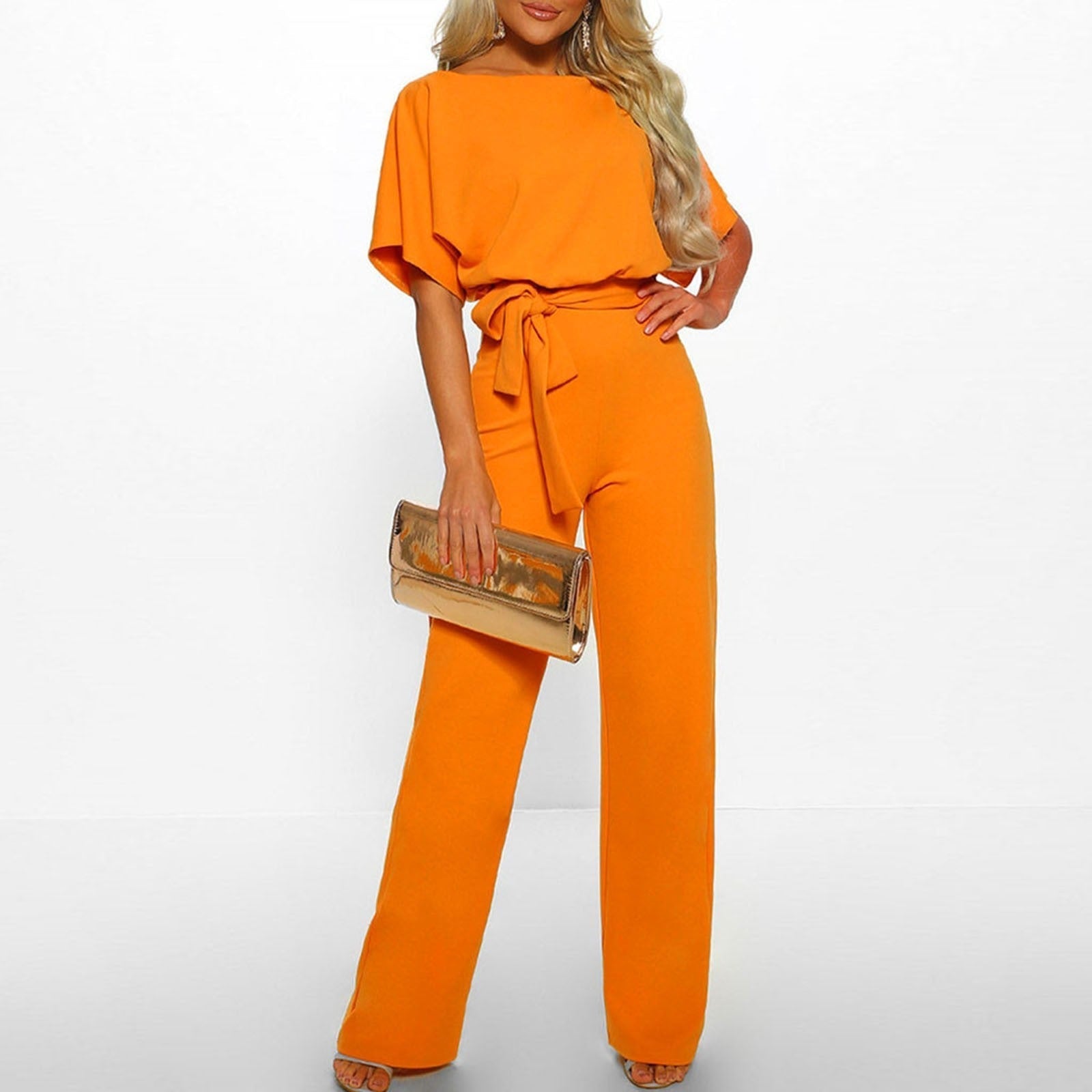 Dames Jumpsuit met Tailleriem en Wijde Pijpen Oranje Auralie