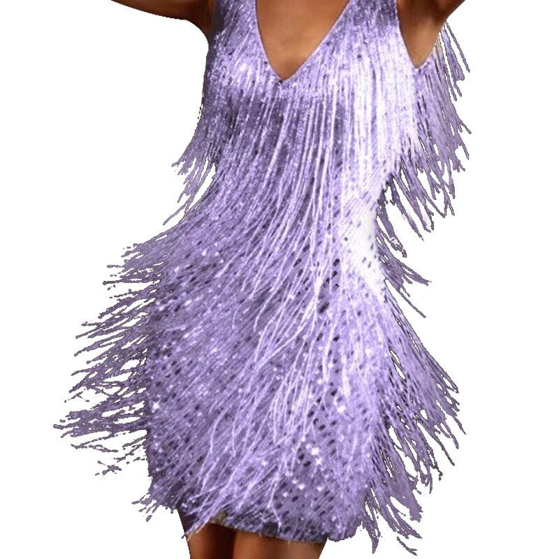 Dames Gala Glitterjurk met Kwastjes en Pailletten Paars Auralie