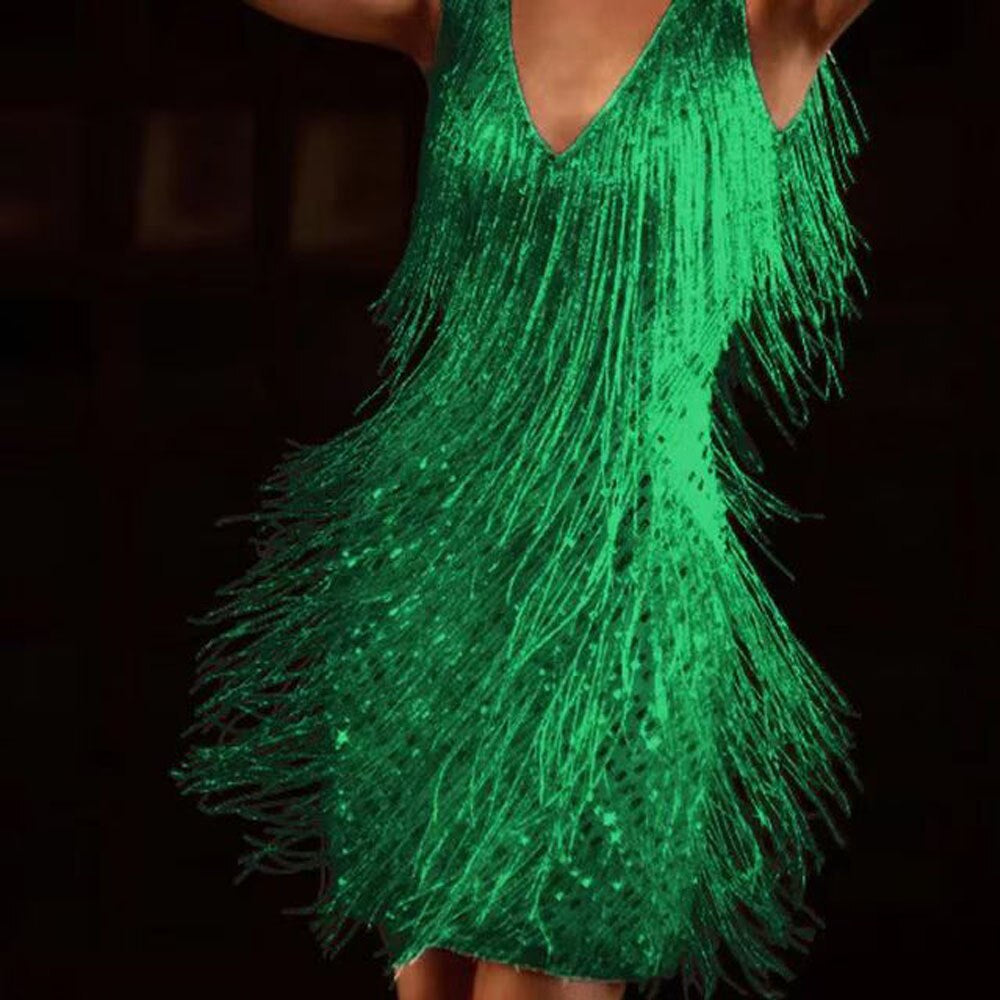 Dames Gala Glitterjurk met Kwastjes en Pailletten Groen Auralie