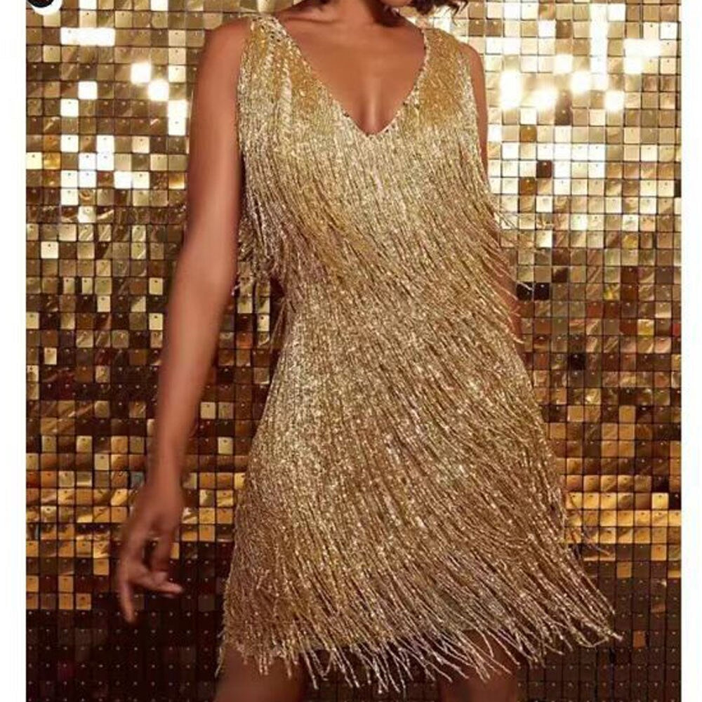 Dames Gala Glitterjurk met Kwastjes en Pailletten Goud Auralie