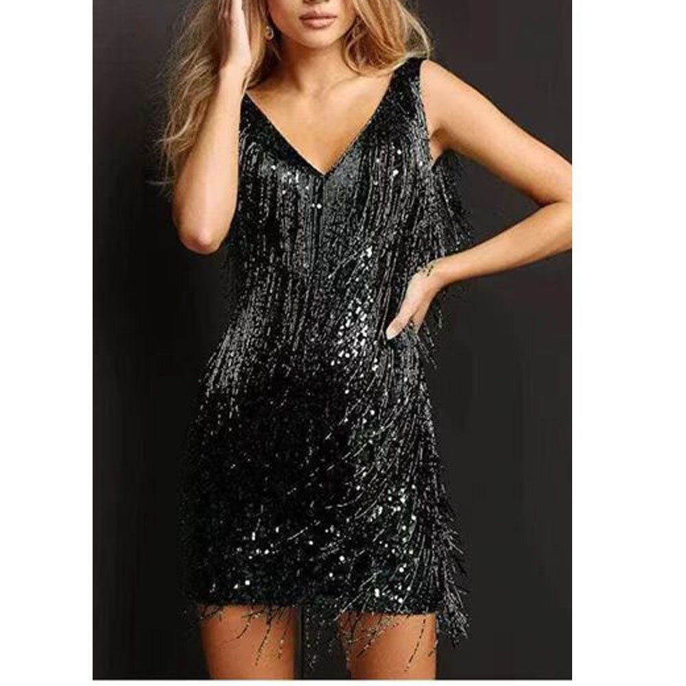 Dames Gala Glitterjurk met Kwastjes en Pailletten Zwart Auralie