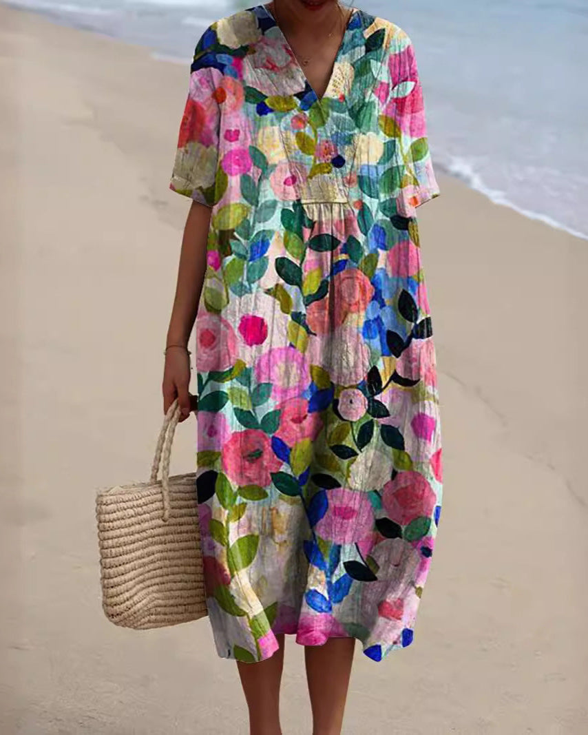 Dames Zomerse Jurk met V-hals en Bloemenprint Roze Auralie